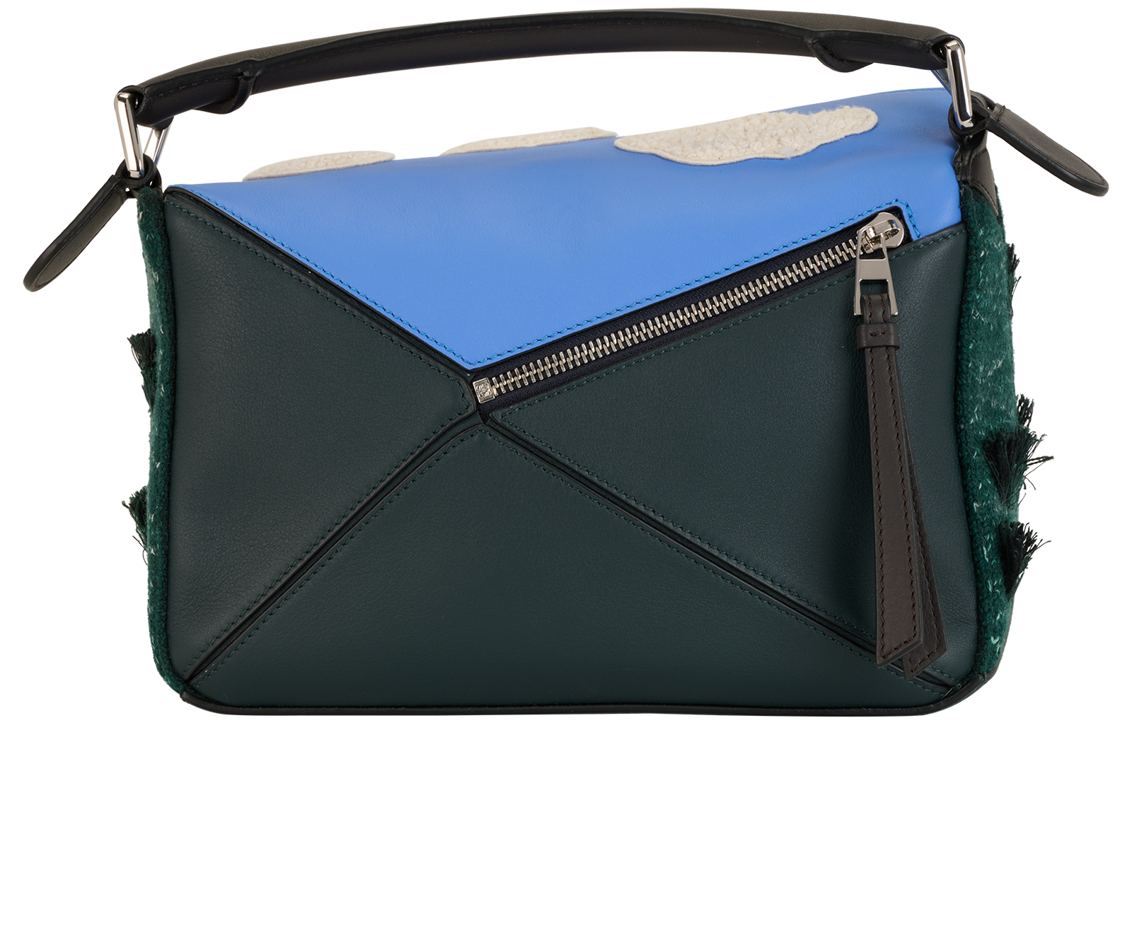 X Louis Wain Futurist Cat Small Puzzle Bag, &pound;1,800, Handbags, Blue/Green, Leather/Wool, Back view